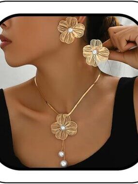 Trendy Gold Flower Pearl Necklace Earrings for Women, Statement Floral Leaf Pear